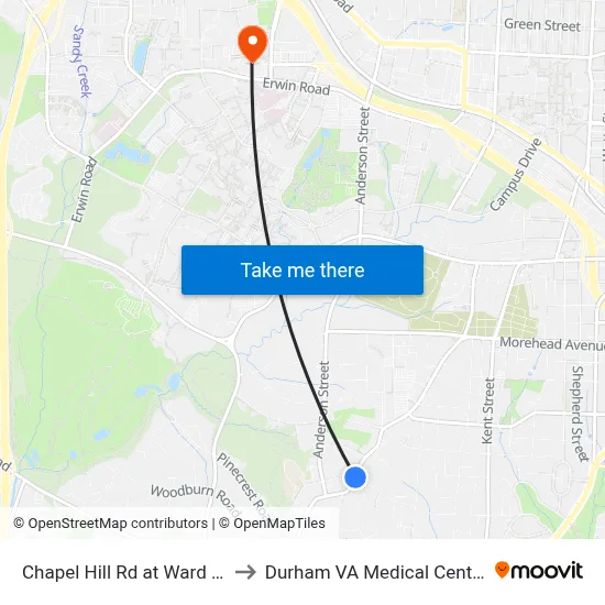 Chapel Hill Rd at Ward St to Durham VA Medical Center map