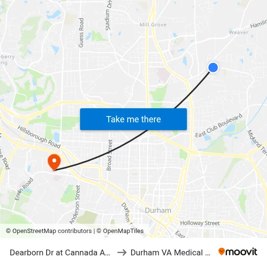 Dearborn Dr at Cannada Ave (Nb) to Durham VA Medical Center map