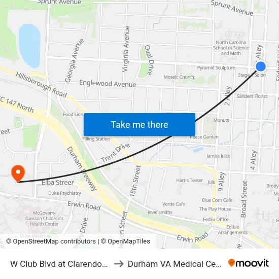 W Club Blvd at Clarendon St to Durham VA Medical Center map