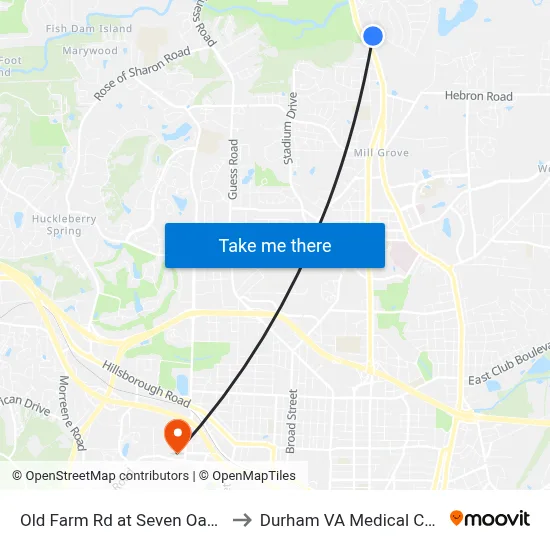 Old Farm Rd at Seven Oaks Rd to Durham VA Medical Center map