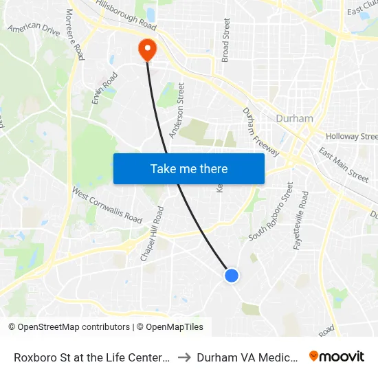 Roxboro St at the Life Center Of Durham to Durham VA Medical Center map