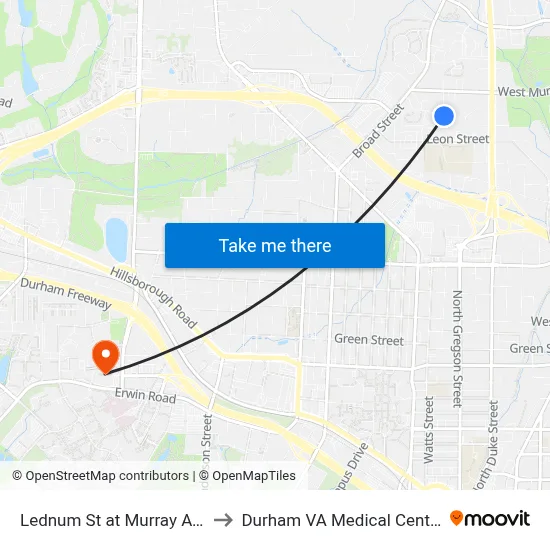 Lednum St at Murray Ave to Durham VA Medical Center map