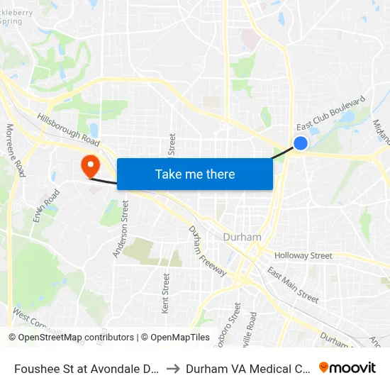 Foushee St at Avondale Dr (Eb) to Durham VA Medical Center map