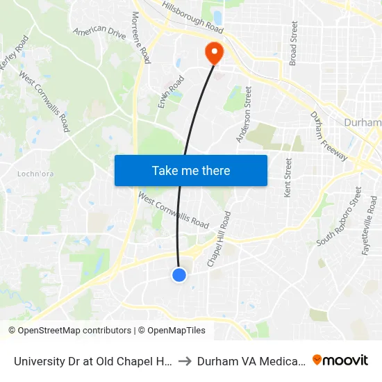 University Dr at Old Chapel Hill Rd (Wb) to Durham VA Medical Center map