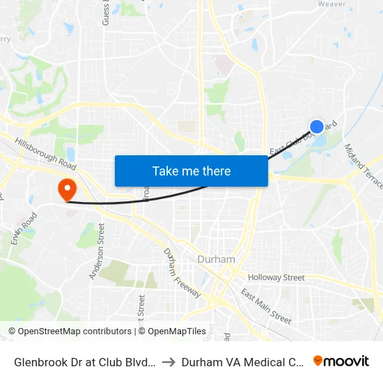 Glenbrook Dr at Club Blvd (Nb) to Durham VA Medical Center map