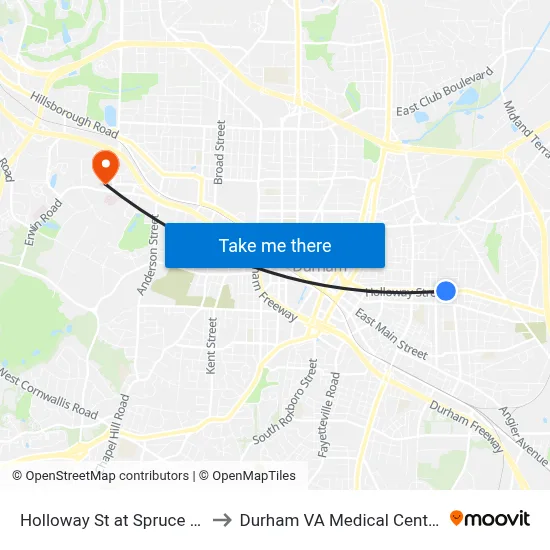 Holloway St at Spruce St to Durham VA Medical Center map
