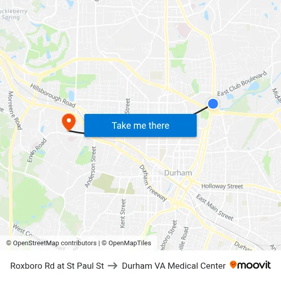 Roxboro Rd at St Paul St to Durham VA Medical Center map