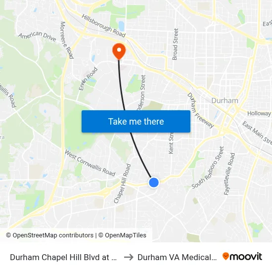 Durham Chapel Hill Blvd at James St to Durham VA Medical Center map