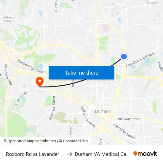 Roxboro Rd at Lavender Ave to Durham VA Medical Center map