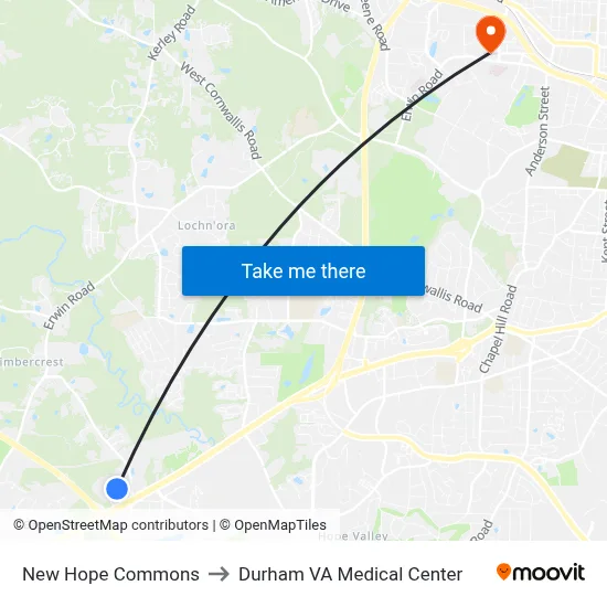 New Hope Commons to Durham VA Medical Center map