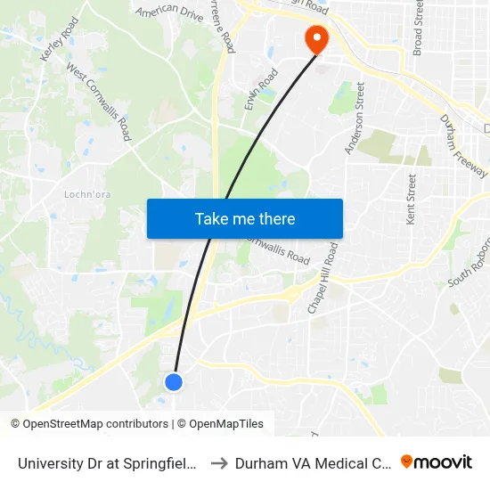 University Dr at Springfield Apts to Durham VA Medical Center map