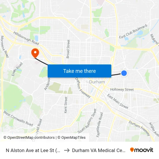 N Alston Ave at Lee St (Nb) to Durham VA Medical Center map