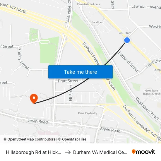 Hillsborough Rd at Hicks St to Durham VA Medical Center map