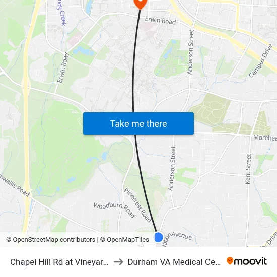 Chapel Hill Rd at Vineyard St to Durham VA Medical Center map