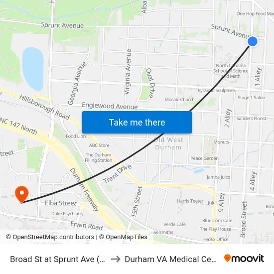 Broad St at Sprunt Ave (Nb) to Durham VA Medical Center map