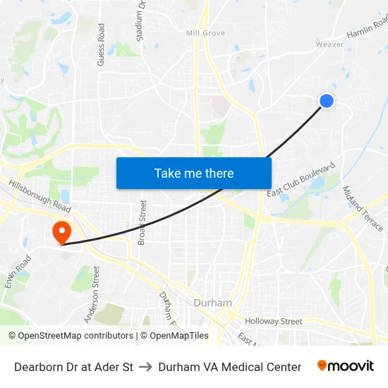 Dearborn Dr at Ader St to Durham VA Medical Center map