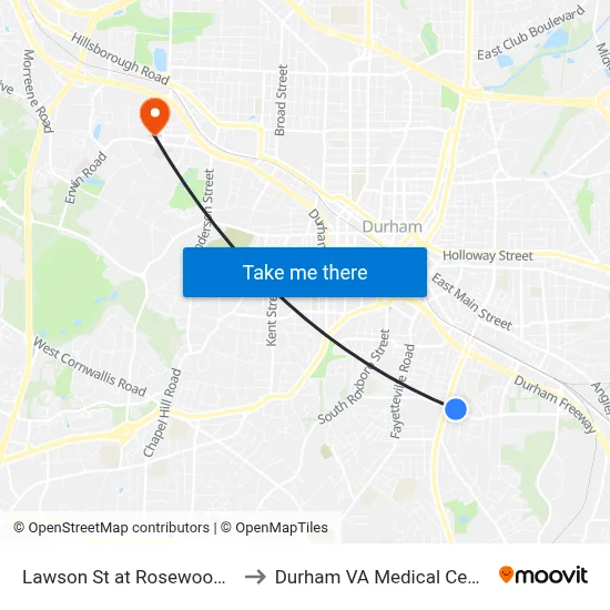 Lawson St at Rosewood St to Durham VA Medical Center map