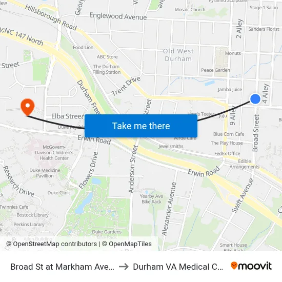 Broad St at Markham Ave (Sb) to Durham VA Medical Center map