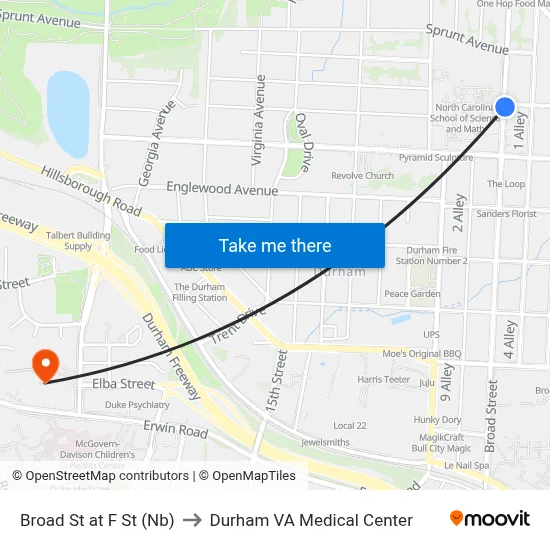Broad St at F St (Nb) to Durham VA Medical Center map