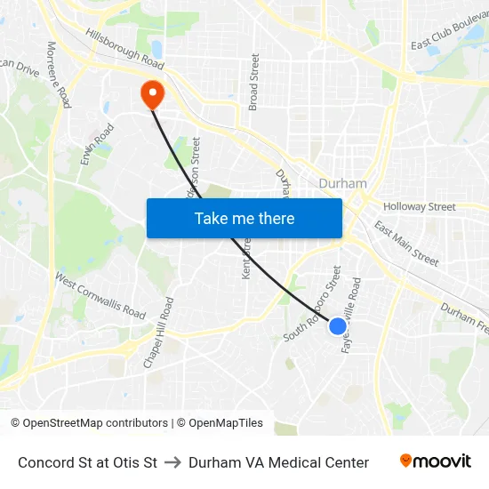 Concord St at Otis St to Durham VA Medical Center map