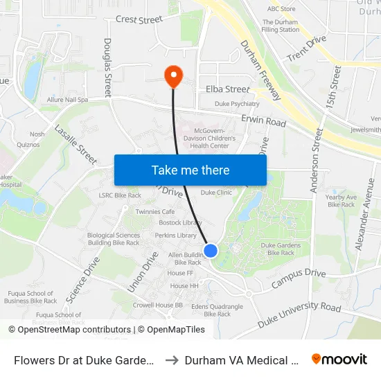 Flowers Dr at Duke Gardens (Sb) to Durham VA Medical Center map