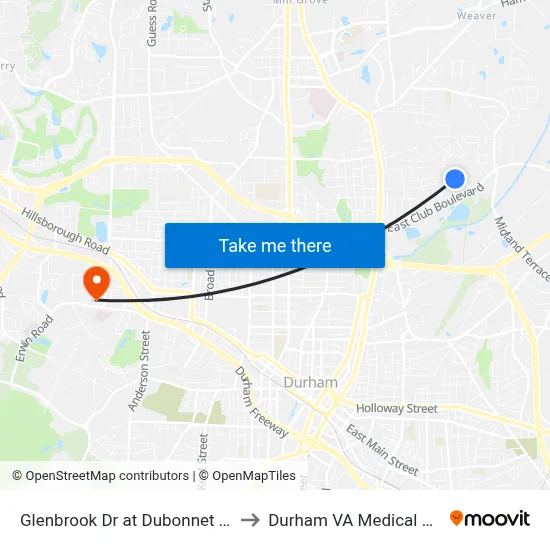 Glenbrook Dr at Dubonnet Pl (Sb) to Durham VA Medical Center map