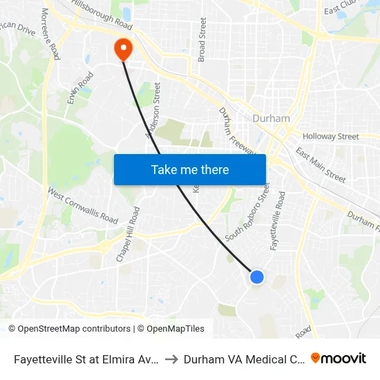 Fayetteville St at Elmira Ave (Sb) to Durham VA Medical Center map