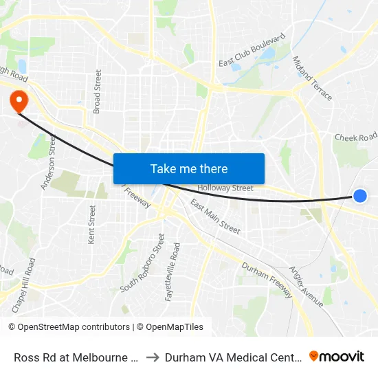 Ross Rd at Melbourne St to Durham VA Medical Center map