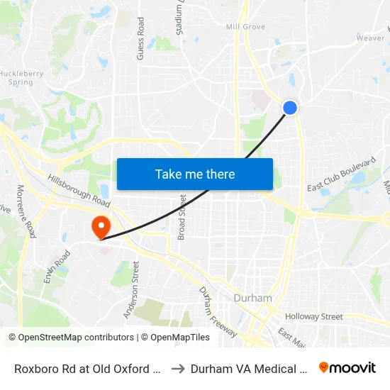 Roxboro Rd at Old Oxford Rd (Sb) to Durham VA Medical Center map