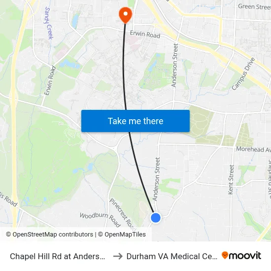 Chapel Hill Rd at Anderson St to Durham VA Medical Center map