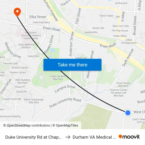 Duke University Rd at Chapel Hill Rd to Durham VA Medical Center map