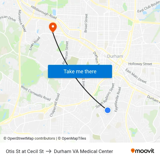 Otis St at Cecil St to Durham VA Medical Center map