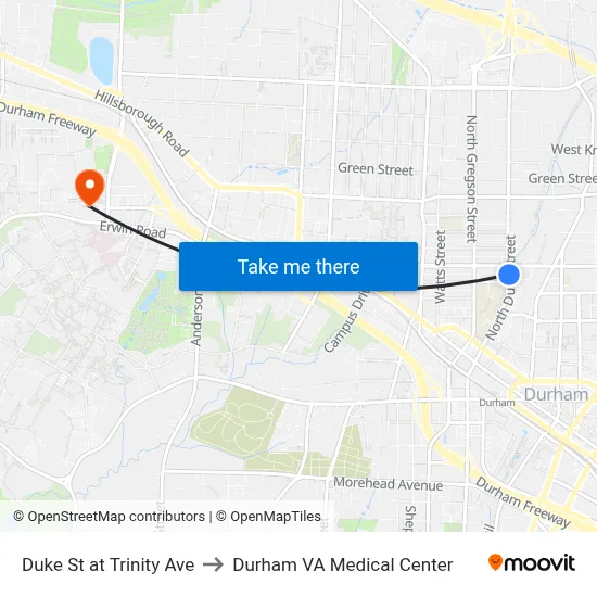 Duke St at Trinity Ave to Durham VA Medical Center map