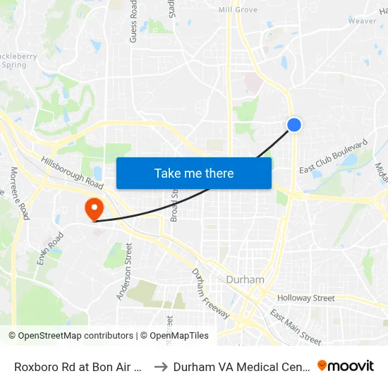 Roxboro Rd at Bon Air Ave to Durham VA Medical Center map