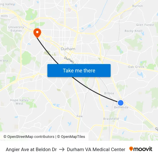 Angier Ave at Beldon Dr to Durham VA Medical Center map