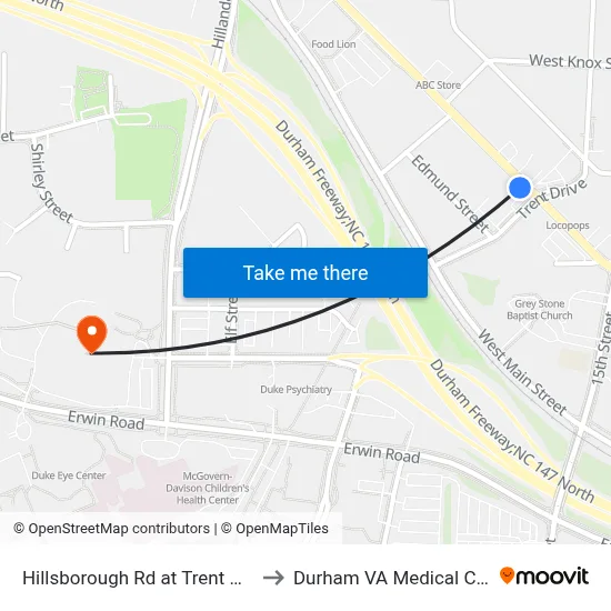 Hillsborough Rd at Trent Dr (Eb) to Durham VA Medical Center map