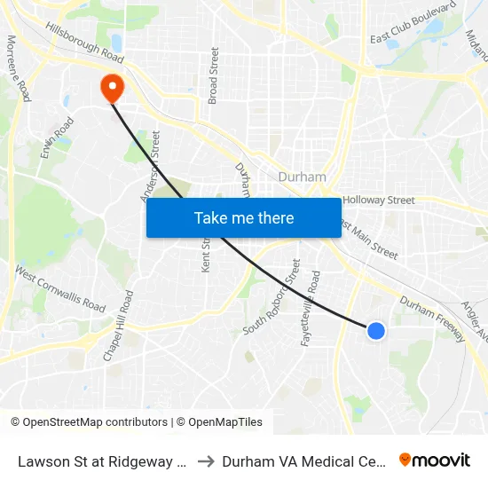Lawson St at Ridgeway Ave to Durham VA Medical Center map