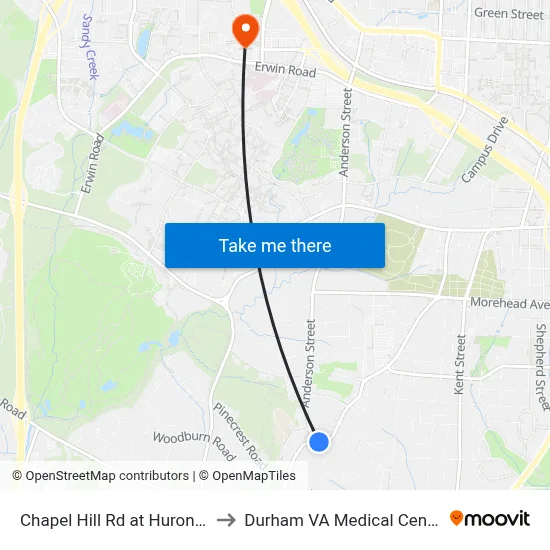 Chapel Hill Rd at Huron St to Durham VA Medical Center map
