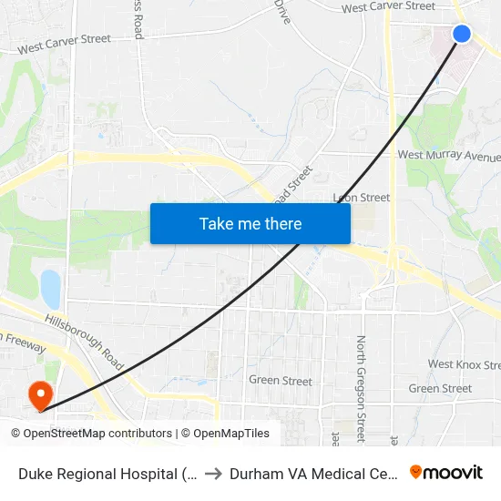 Duke Regional Hospital (Sb) to Durham VA Medical Center map