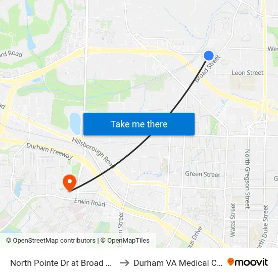 North Pointe Dr at Broad St (Eb) to Durham VA Medical Center map