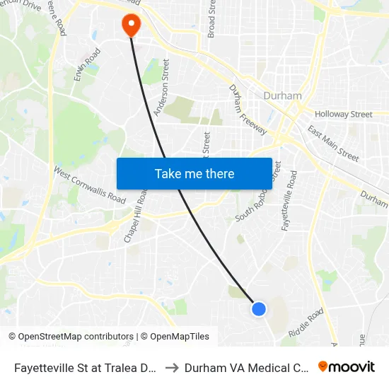 Fayetteville St at Tralea Dr (Sb) to Durham VA Medical Center map