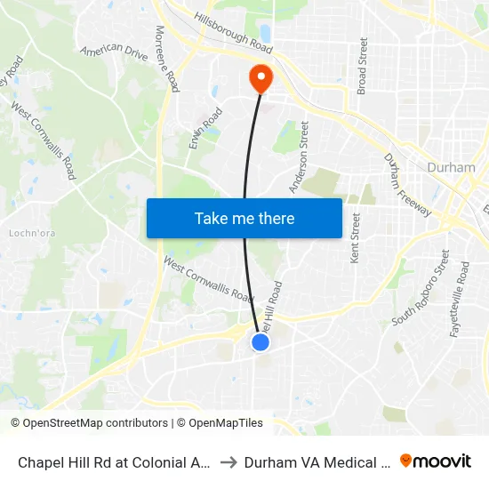 Chapel Hill Rd at Colonial Apts (Nb) to Durham VA Medical Center map