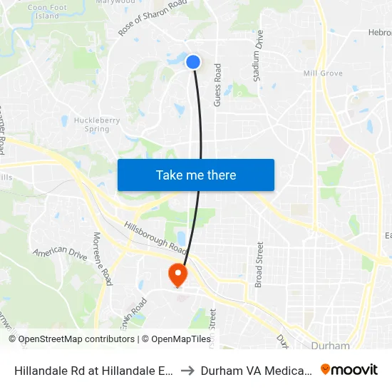 Hillandale Rd at Hillandale Elementary to Durham VA Medical Center map