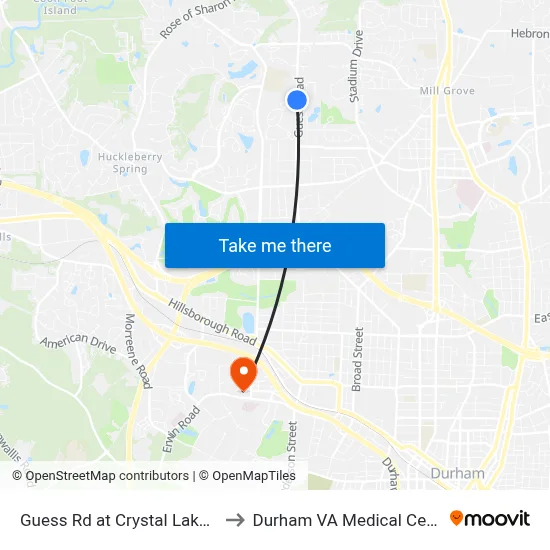 Guess Rd at Crystal Lake Rd to Durham VA Medical Center map
