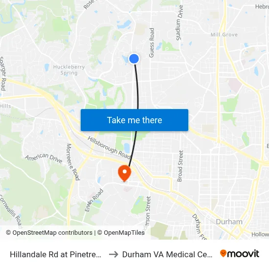 Hillandale Rd at Pinetree Ct to Durham VA Medical Center map