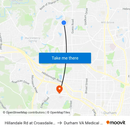 Hillandale Rd at Croasdaile Farms to Durham VA Medical Center map
