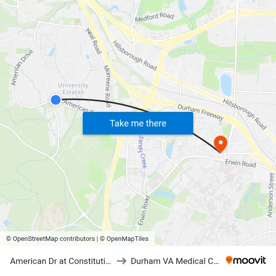 American Dr at Constitution Dr to Durham VA Medical Center map