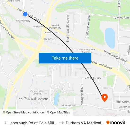 Hillsborough Rd at Cole Mill Rd (Cvs) to Durham VA Medical Center map