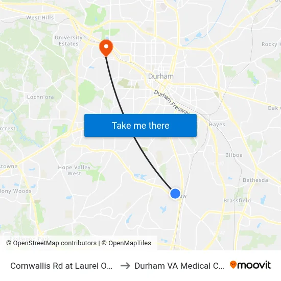 Cornwallis Rd at Laurel Oaks Dr to Durham VA Medical Center map