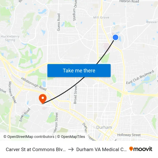 Carver St at Commons Blvd (Eb) to Durham VA Medical Center map